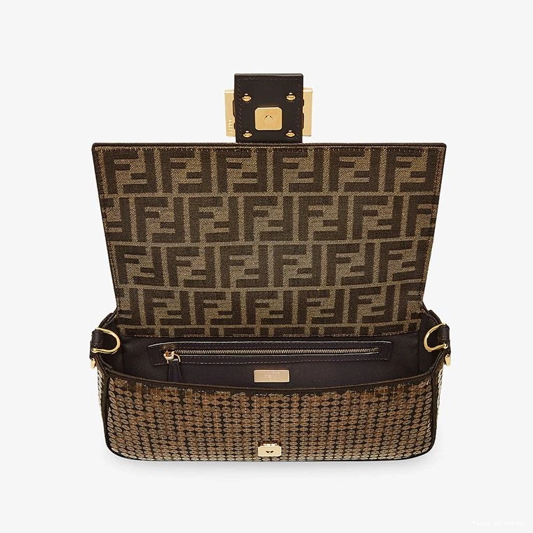 Vintage HOT Baguette Bag with FF Motif Brown Medium Fabric In Fendi Sequins 0713